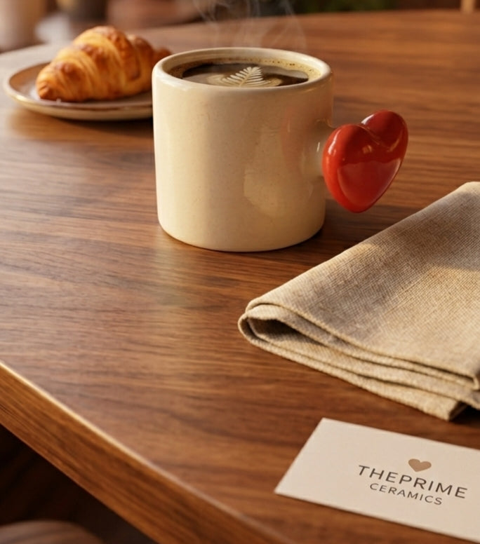 Handmade Ceramic Heart-Handle Coffee Mug – 350ml Minimalist Stoneware