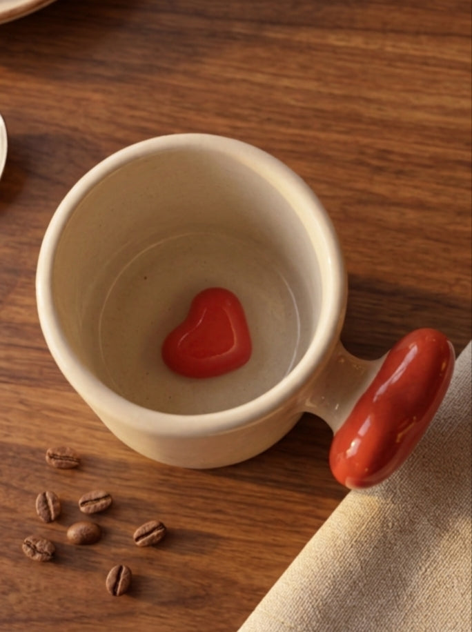 Handmade Ceramic Heart-Handle Coffee Mug – 350ml Minimalist Stoneware